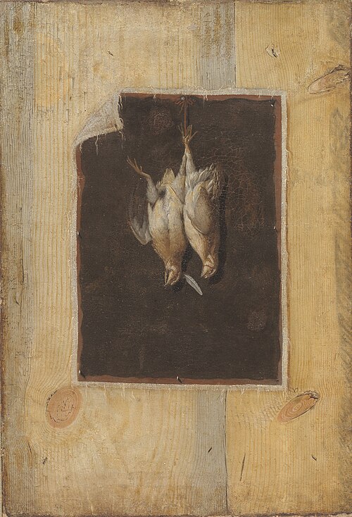 Trompe l'Oeil. Board Partition with a Still Life of Two Dead Birds Hanging on a Wall, 1672, Cornelis Norbertus Gijsbrechts