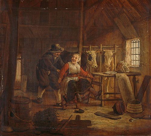 Flirtation in a cowshed, 1650, Govert Dircksz Camphuysen