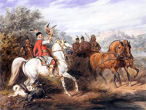 Wyjazd na polowanie z sokołem, 1868, Juliusz Kossak