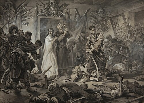 Napad Bohuna na Kurcewiczów w Rozłogach, 1885, Juliusz Kossak