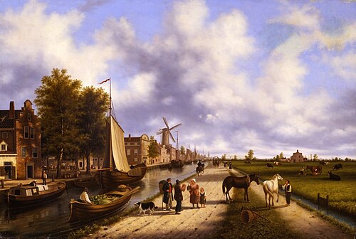 Canale olandese con barca, case e mulini a vento, 1850, Giuseppe Canella