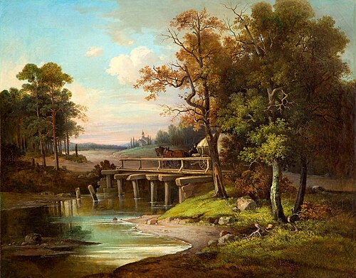 Pejzaż z przeprawą przez most i widokiem na kościół, 1863, Franciszek Ruśkiewicz