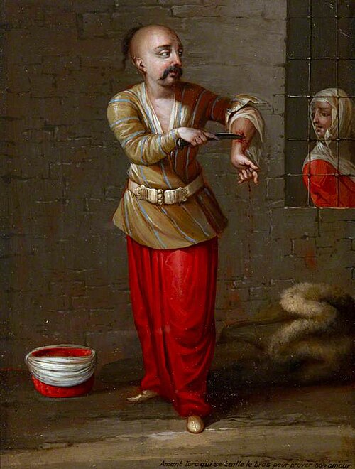 Amant turc qui se taille le bras pour prover son amour, 1750, Jean Baptiste Vanmour