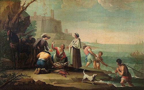 Tres marineros tirando la red y una mujer vendiendo pescado, 1784, Zacarías González Velázquez