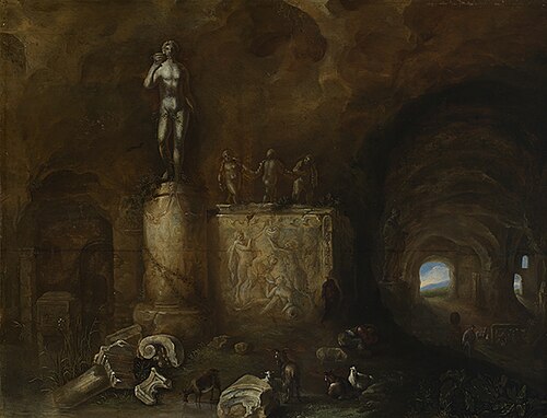 Inside of a cave with sculptures and sleeping shepherds, 1647, Abraham van Cuylenborch