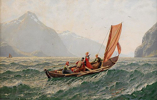 Fjord with sailing boat, 1937, Hans Dahl