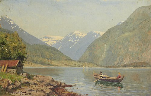 Figures in a rowing boat on a fjord, 1917, Hans Dahl