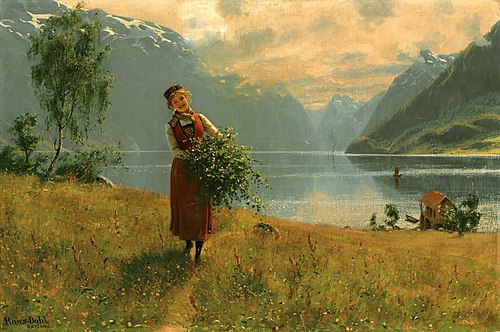 Junges Mädchen mit Birkenzweigen vor einem norwegischen Fjord., 1900, Hans Dahl