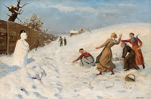 Snowball fight and snowman, 1937, Hans Dahl