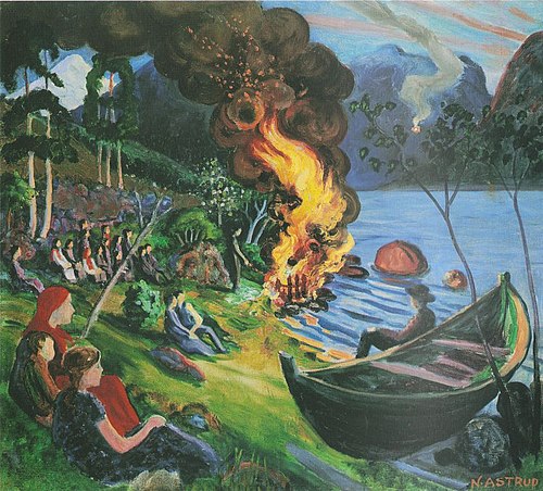 Midsummer Eve Bonfire by Lake Jølstravatnet, 1909, Nikolaï Astrup
