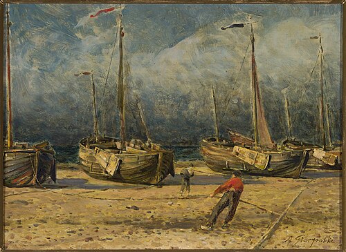 Fishing boats at the shore., 1801, Aleksander Gierymski