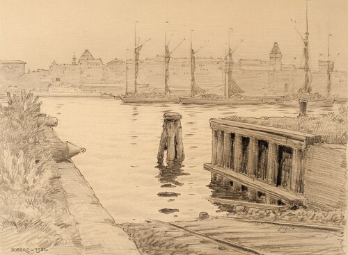 Torpedbåtsslipen på Galärvarvet i Stockholm., 1931, Ferdinand Boberg