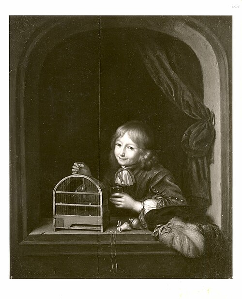 child with bird's cage, 1660, Frans van Mieris l'Ancien