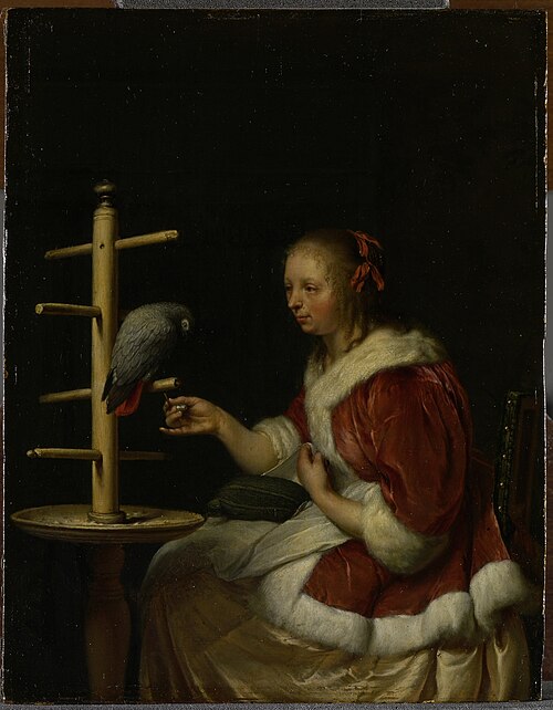 A Lady with her Parrot, 1660, Frans van Mieris l'Ancien