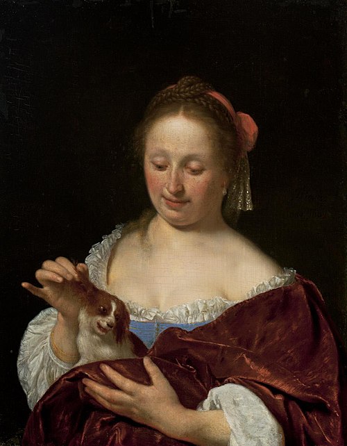 A Woman Pulling a Dog's Ear (Portrait of the Artist's Wife, Cunera van der Cock), 1662, Frans van Mieris l'Ancien