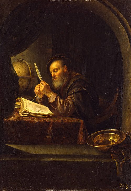 An Old Scholar sharpening his Quill Pen, 1653, Frans van Mieris l'Ancien