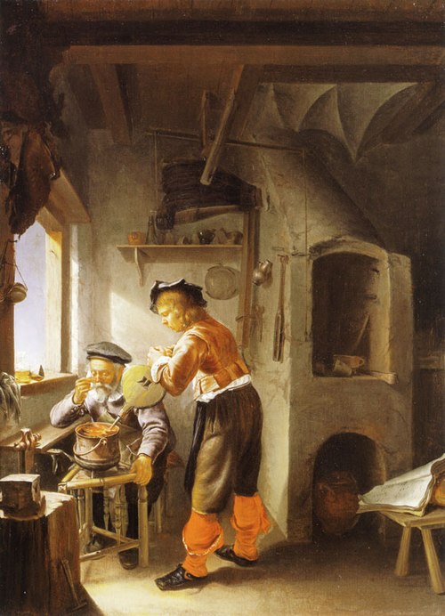 An alchemist and his assistant in a workshop, 1655, Frans van Mieris l'Ancien