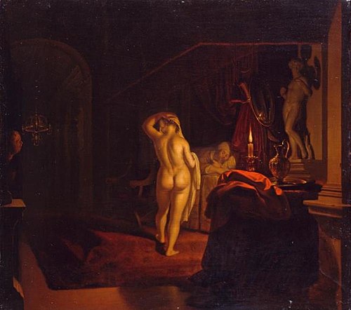 Gyges Spying on Queen Nyssia in the bedroom of King Candaules, 1670, Frans van Mieris l'Ancien
