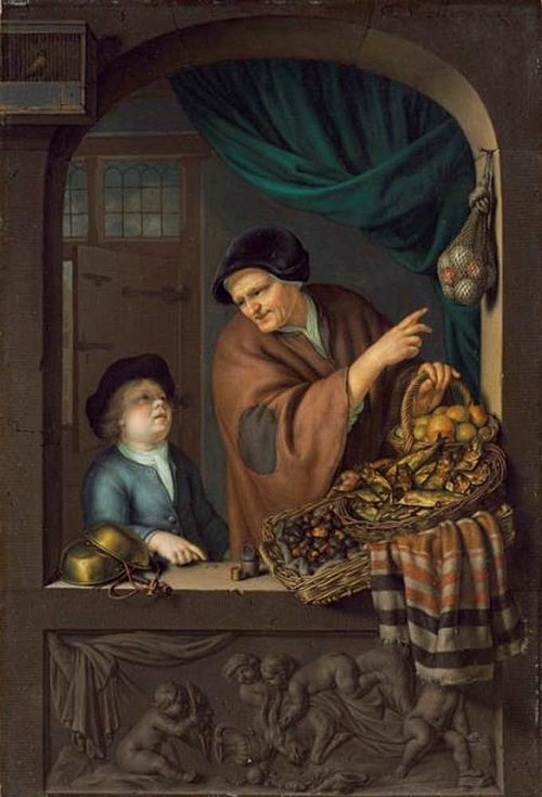 Old woman selling chestnuts and red herring, 1722, Frans van Mieris l'Ancien