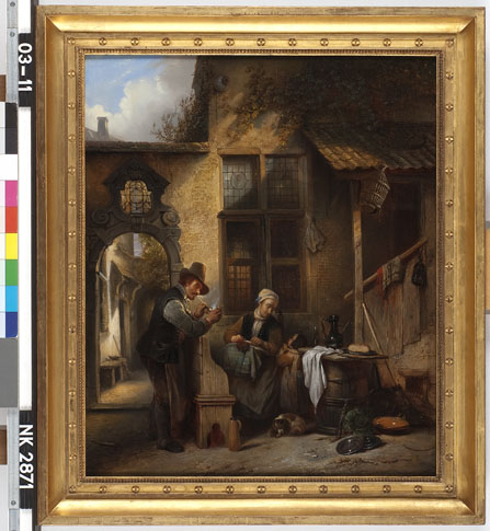 Man, vrouw en kind voor een huis, 1840, Henri Leys