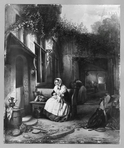 A Woman Knitting in a Courtyard, 1848, Henri Leys