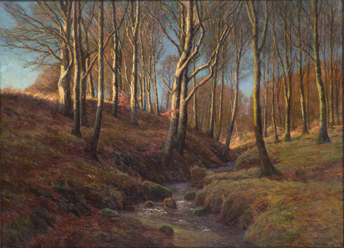 A stream flowing through a wooded glade., 1927, J. Bentzen-Bilkvist