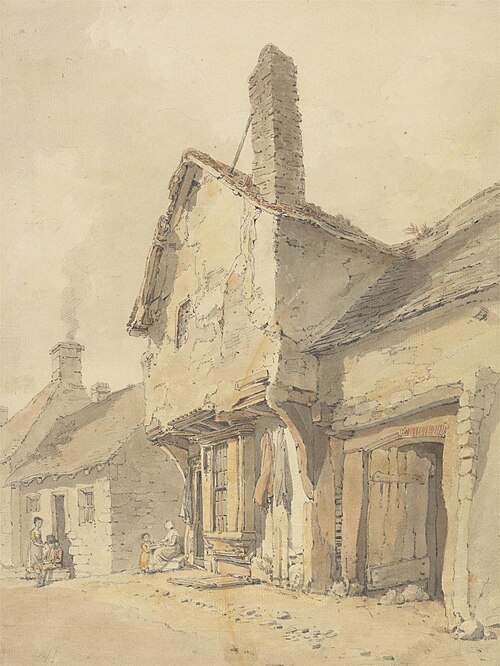 A Village Street, Figures by Old Cottages, , William Alexander