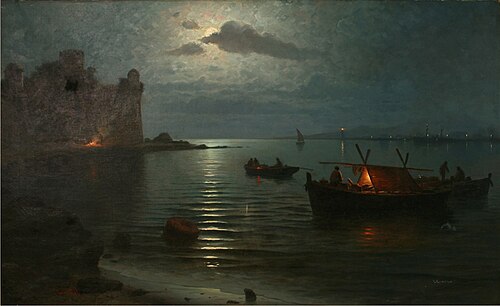 Moon light effect in Bayona, 1897, Guillermo Gómez Gil