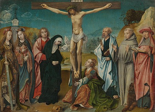 Christ on the cross with the Virgin, St John the Evangelist, Mary Magdalen, and Sts Cecilia and Barb, 1507, Cornelis Engebrechtsz