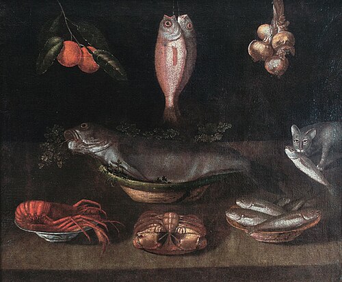 Natureza-morta com peixes, crustáceos, cebolas, laranjas e gato, 1650, Baltazar Gomes Figueira