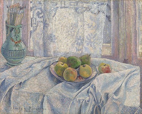 Apples on a tablecloth against a lace-curtained window, 1885, Lucien Pissarro