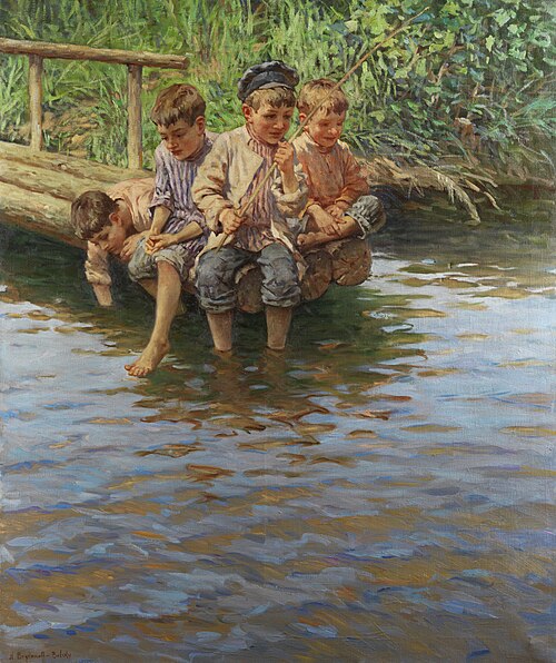 Four boys on the bank jetty while fishing, , Nikolaï Bogdanov-Belski