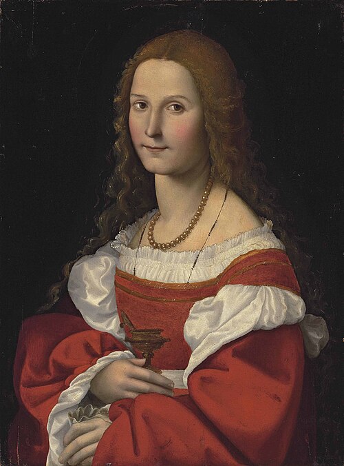 Portrait of a lady as Mary Magdalene, half-length, in a red dress and pearl necklace, 1550, Giovanni Francesco Caroto