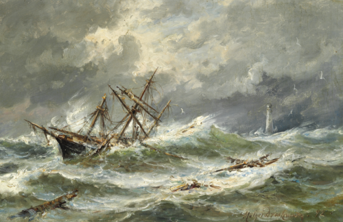 A ship in distress off the coast, in the background a lighthouse, 1892, Holger Drachmann