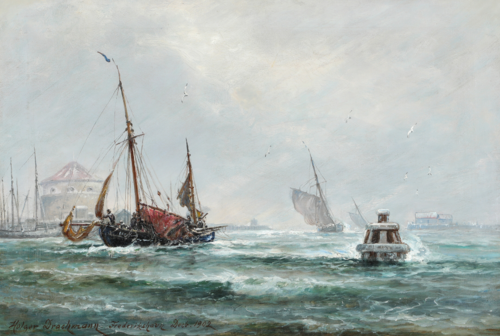Marine med sejlskibe under indsejling til Frederikshavn Havn, 1902, Holger Drachmann