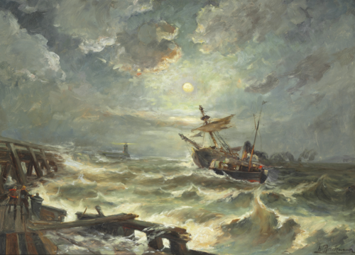Coastal scene with moonlight and a ship in rough sea off the pier, , Holger Drachmann