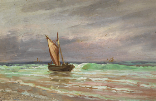 A sailing boat on the shoreline on a cloudy day., 1906, Holger Drachmann