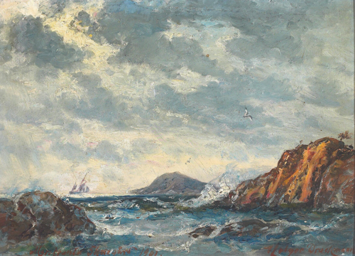 Skerries near Marstrand with a sailing ship., 1901, Holger Drachmann
