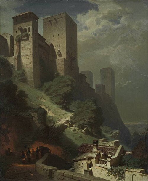 Ansicht des Comares-Turmes auf der Alhambra bei Mondschein, 1869, Eduard Gerhardt