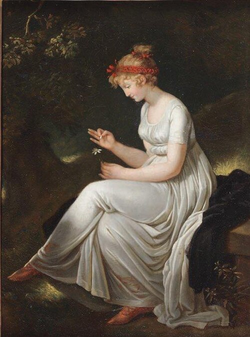 Une jeune fille cherchant à lire son sort dans une reine-marguerite, 1804, Adèle Varillat
