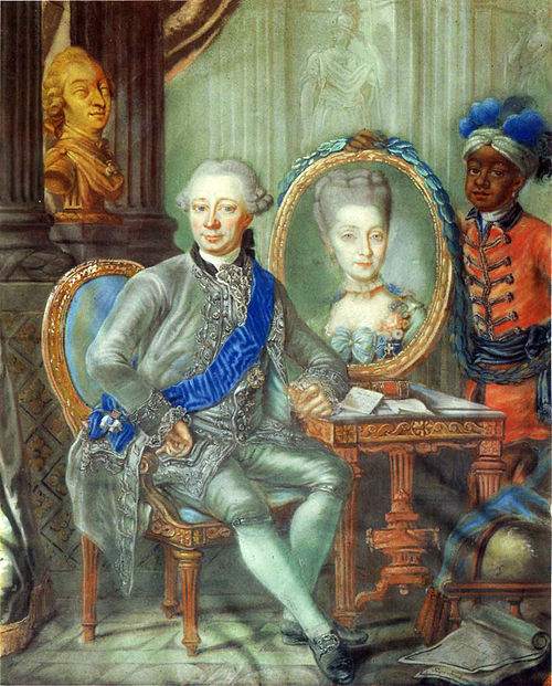 Portrait of Heinrich Carl Schimmelmann with the portrait of his wife Caroline Tugendreich with an Af, 1773, Lorens Lönberg