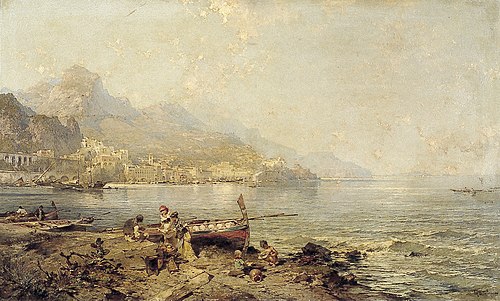 Gezicht op Amalfi aan de Golf van Salerno, 1890, Franz Richard Unterberger