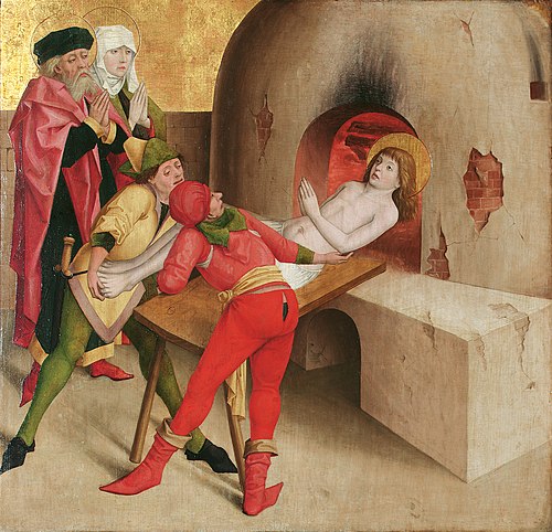 Martyrium des hl. Veit (Vorderseite); Christus vor Kaiphas (Rückseite), 1475, Meister der Veitslegende