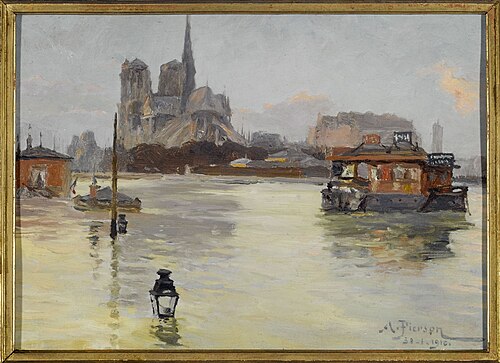 Cathédrale Notre-Dame, vue du quai de la Tournelle, 30 janvier 1910, inondations de 1910, 4ème et 5è, 1910, Albert-Léopold Pierson