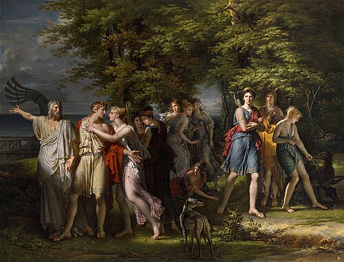 Télémaque, pressé par Mentor, quitte l’île de Calypso, 1800, Charles Meynier