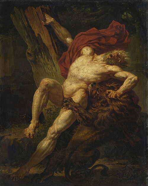 Milon de Crotone, voulant essayer sa force, est surpris et dévoré par un lion, 1795, Charles Meynier