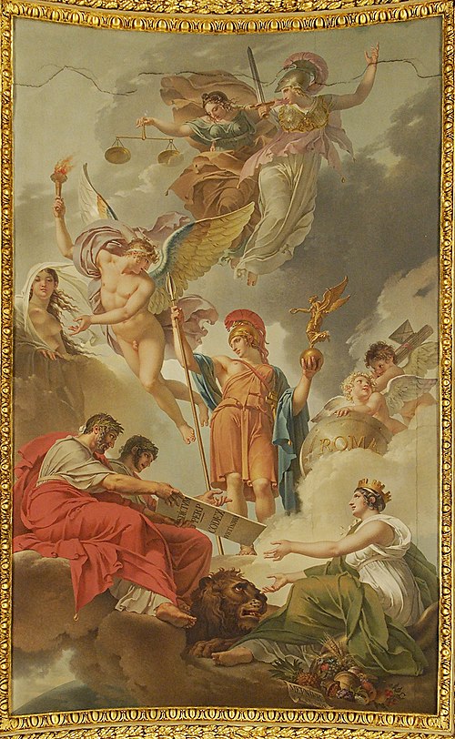 La Terre recevant des empereurs Adrien et Justinien le code des lois romaines dictées par la nature,, 1803, Charles Meynier