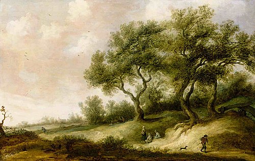 Dune Landscape With a Traveler and His Dog, Persons and a Church Beyond, 1650, Pieter de Neyn