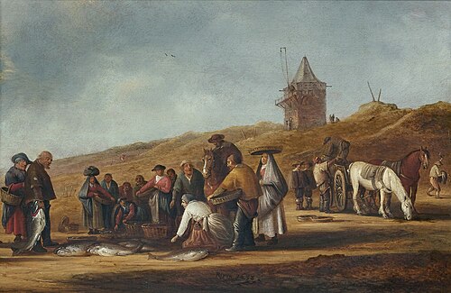 Landscape with fish vendors on the beach, , Pieter de Neyn