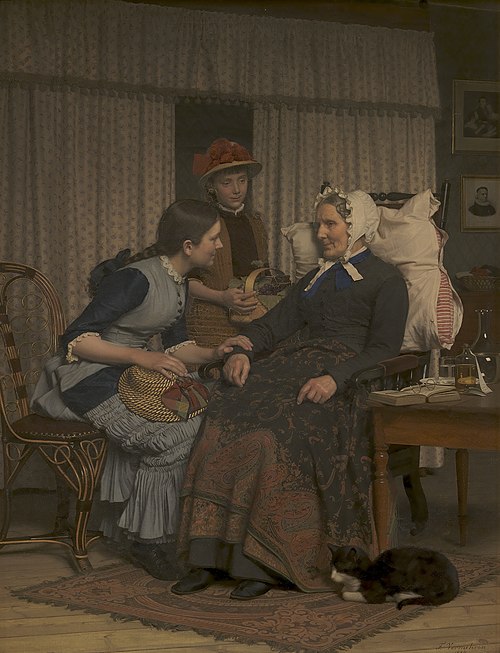 Sygebesøg hos det gamle tyende, 1884, Frederik Vermehren